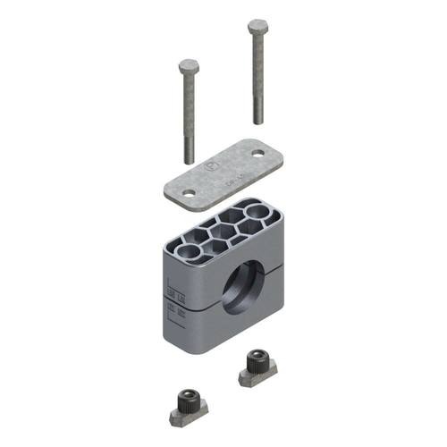 Uchwyt zestaw 12 (zacisk, śruba z łbem szęciokątnym, pokrywa, nakrętka do szyny) Ø rury 25 mm Aluminium RAA12-325