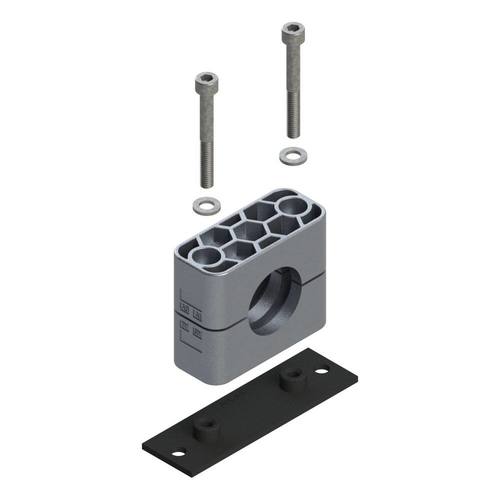 Uchwyt zestaw 5 (zacisk, śruba z łbem na imbus, podkładka, płytka do wspawania lub przykręcenia długa) Ø rury 23 mm Aluminium RAA5-323