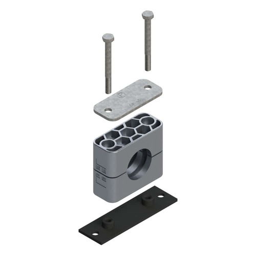 Uchwyt zestaw 6 (zacisk, śruba z łbem na imbus, podkładka, płytka do wspawania lub przykręcenia długa) Ø rury 12 mm Aluminium RAA6-112