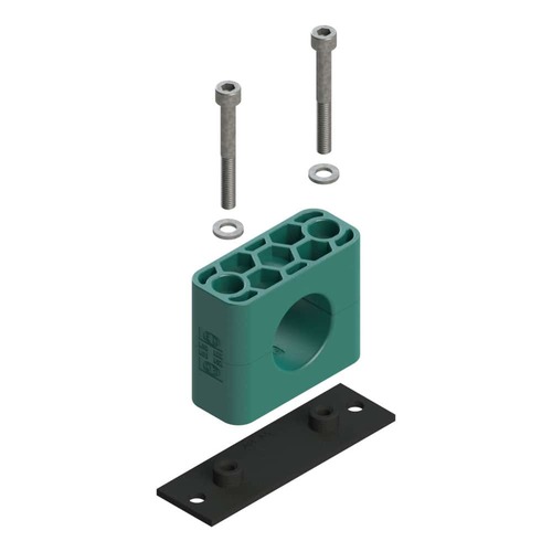 Uchwyt zestaw 5 (zacisk, śruba z łbem na imbus, podkładka, płytka do wspawania lub przykręcenia długa) Ø rury 12.7 mm Polypropylene RAPG5-212.7