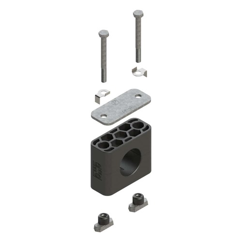 Uchwyt zestaw 12 (zacisk, śruba z łbem szęciokątnym, pokrywa, nakrętka do szyny) Ø rury 21.3 mm Guma RAVG12-321.3