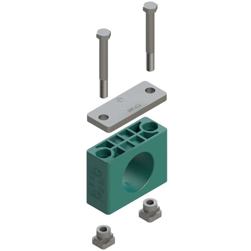 Uchwyt zestaw 3 (zacisk, śruba z łbem szęciokątnym, pokrywa, nakrętka do szyny) Ø rury 16 mm Polypropylene RCPG3-116