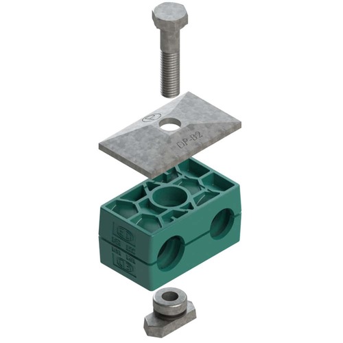 Uchwyt zestaw 4 (zacisk, śruba z łbem szęciokątnym, pokrywa, nakrętka do szyny) Ø rury 38 mm Polypropylene RBP4-538