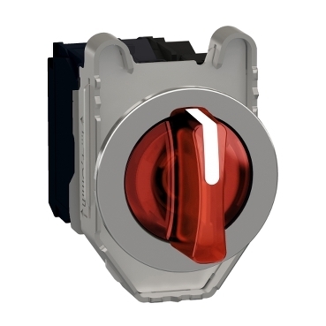 Przełącznik piórkowy fi30 metalowy 3 położenia stabilne czerwony podświetlany 230V AC 1NO 1NC XB4FK134M5