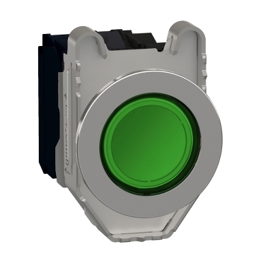 Przycisk monostabilny fi30 metalowy zielony podświetlany 230V AC 1NO 1NC XB4FW33M5