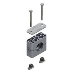 Uchwyt zestaw 12 (zacisk, śruba z łbem szęciokątnym, pokrywa, nakrętka do szyny) Ø rury 25 mm Aluminium RAA12-325