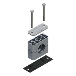 Uchwyt zestaw 6 (zacisk, śruba z łbem na imbus, podkładka, płytka do wspawania lub przykręcenia długa) Ø rury 28 mm Aluminium RAA6-428