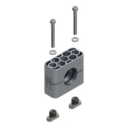 Uchwyt zestaw 9 (zacisk, śruba z łbem płaskim, podkładka, nakrętka do szyny) Ø rury 38 mm Aluminium RAA9-538